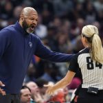 
              Cleveland Cavaliers head coach J.B. Bickerstaff argues a call with referee Jenna Schroeder (84) during the first half of the team's NBA basketball game against the Chicago Bulls on Saturday, March 26, 2022, in Cleveland. (AP Photo/Ron Schwane)
            
