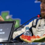 
              Ross Chastain shares his experiences as a watermelon farmer during a post-race interview after winning a NASCAR Cup Series auto race at Circuit of the Americas, Sunday, March 27, 2022, in Austin, Texas. (AP Photo/Stephen Spillman)
            