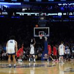 
              Villanova's Brandon Slater (3) shoots a free throw during the second half of the team's NCAA college basketball game against St. John's at the Big East men's tournament Thursday, March 10, 2022, in New York. Slater made the shot. Villanova won 66-65. (AP Photo/Frank Franklin II)
            