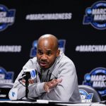 
              Saint Peter's head coach Shaheen Holloway speaks during a news conference for the NCAA men's college basketball tournament, Thursday, March 24, 2022, in Philadelphia. Saint Peter's plays Purdue in a Sweet 16 game on Friday. (AP Photo/Matt Slocum)
            