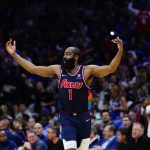 
              Philadelphia 76ers' James Harden reacts during the second half of an NBA basketball game against the Chicago Bulls, Monday, March 7, 2022, in Philadelphia. (AP Photo/Matt Slocum)
            