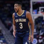 
              New Orleans Pelicans guard CJ McCollum (3) reacts to a call against him in the second half of an NBA basketball game against the Sacramento Kings in New Orleans, Wednesday, March 2, 2022. The Pelicans won 125-95. (AP Photo/Gerald Herbert)
            