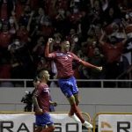 
              Costa Rica's Juan Pablo Vargas, right, celebrates scoring his side's opening goal against United States during a qualifying soccer match for the FIFA World Cup Qatar 2022 in San Jose, Costa Rica, Wednesday, March 30, 2022. (AP Photo/Moises Castillo)
            