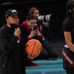 
              South Carolina head coach Dawn Staley watches during a practuce session for a college basketball game in the semifinal round of the Women's Final Four NCAA tournament Thursday, March 31, 2022, in Minneapolis. (AP Photo/Eric Gay)
            