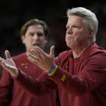 
              Iowa State head coach Bill Fennelly, right, reacts to a call against his team during the first half of a first-round game against Texas-Arlington in the NCAA women's college basketball tournament, Friday, March 18, 2022, in Ames, Iowa. (AP Photo/Charlie Neibergall)
            