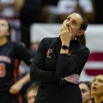 
              Princeton head coach Carla Berube watches a replay late in the second half of a college basketball game against Indiana in the second round of the NCAA tournament in Bloomington, Ind., Monday, March 21, 2022. Indiana defeated Princeton 56-55. (AP Photo/Michael Conroy)
            