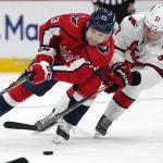 
              Carolina Hurricanes right wing Andrei Svechnikov (37) defends Washington Capitals left wing Conor Sheary (73) during the second period of an NHL hockey game, Thursday, March 3, 2022, in Washington. (AP Photo/Evan Vucci)
            