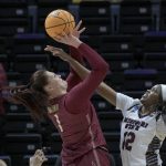 
              Florida State center River Baldwin (1) shoots against Missouri State forward Jennifer Ezeh (12) during the first half of a First Four game in the NCAA women's college basketball tournament Thursday, March 17, 2022, in Baton Rouge, La. (AP Photo/Matthew Hinton)
            