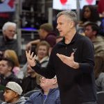 
              Chicago Bulls head coach Billy Donovan gestures on the sideline during the second half of an NBA basketball game against the Detroit Pistons, Wednesday, March 9, 2022, in Detroit. (AP Photo/Carlos Osorio)
            