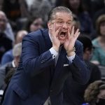 
              Kentucky head coach John Calipari directs his team during the first half of a college basketball game against St. Peter's in the first round of the NCAA tournament, Thursday, March 17, 2022, in Indianapolis. (AP Photo/Darron Cummings)
            