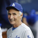
              FILE - Los Angeles Dodgers Hall of Fame pitcher Sandy Koufax, on hand for the Dodgers' Old Timers Game festivities, smiles as he talks to current members of the team in the dugout before the baseball game between the Los Angeles Dodgers and Colorado Rockies, Saturday, May 16, 2015, in Los Angeles. On Monday, March 14, 2022, the Los Angeles Dodgers announced that Koufax is joining fellow Hall of Famer Jackie Robinson with a bronze statue of his own at Dodger Stadium, with an unveiling planned for June 18, 2022, before the team hosts Cleveland. (AP Photo/Danny Moloshok, File)
            