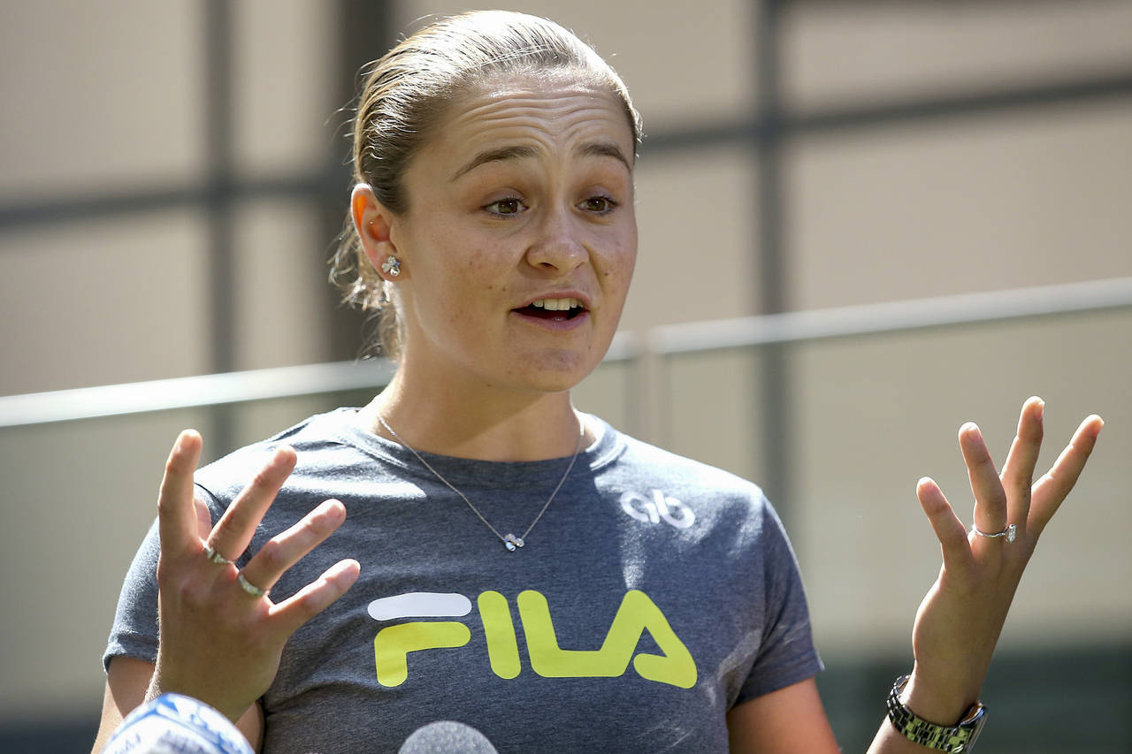 Ash Barty of Australia gestures during a press conference in Brisbane, Australia, Thursday, March 2...