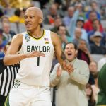 
              Baylor forward Jeremy Sochan (1) reacts after scoring during the second half of a college basketball game Norfolk State in the first round of the NCAA tournament in Fort Worth, Texas, Thursday, March 17, 2022. (AP Photo/LM Otero)
            