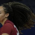 
              Stanford's Haley Jones shoots during a practice session for a college basketball game in the semifinal round of the Women's Final Four NCAA tournament Thursday, March 31, 2022, in Minneapolis. (AP Photo/Eric Gay)
            