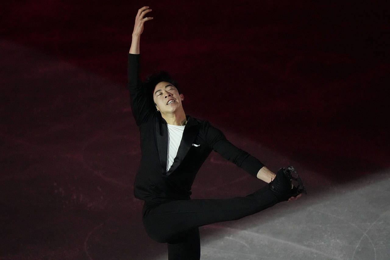 Nathan Chen, of the United States, performs during the figure skating gala at the 2022 Winter Olymp...