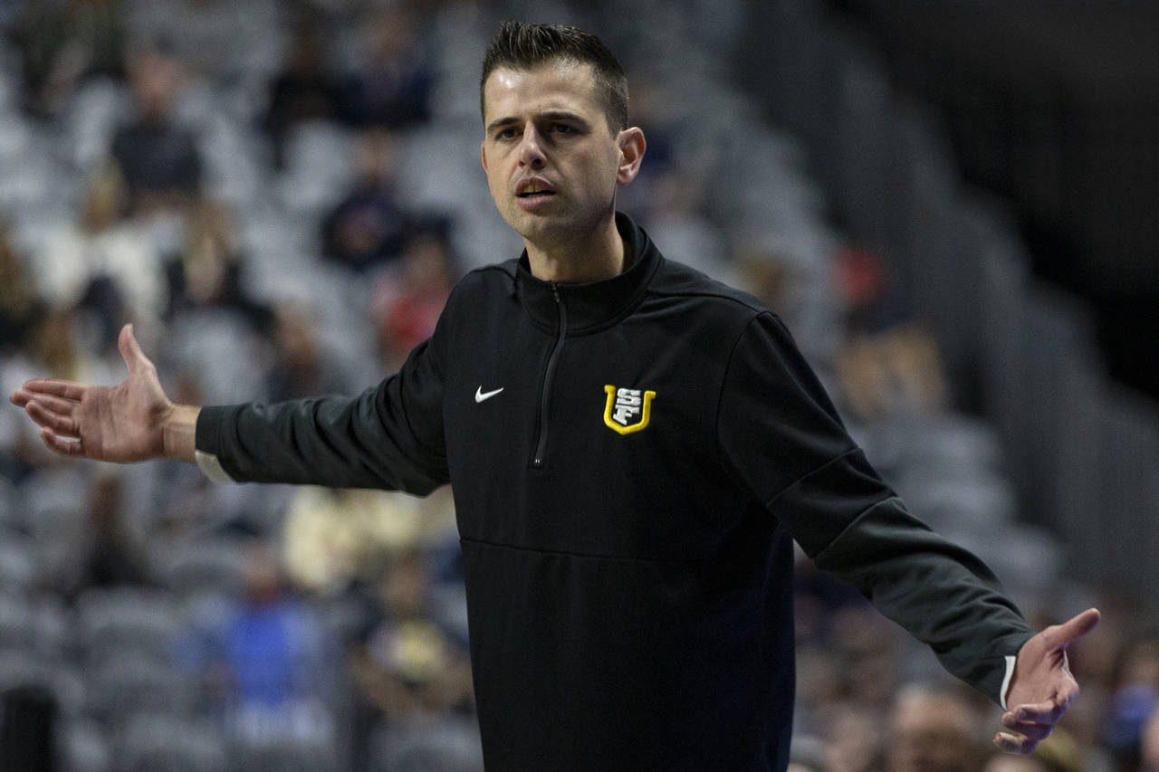 FILE - San Francisco head coach Todd Golden reacts to a referee's call during the second half of an...