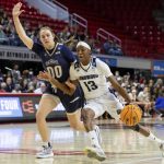 
              Longwood's Akila Smith (13) drives against Mount St. Mary's Isabella Hunt (00) during the first half of an NCAA college basketball game in Raleigh, N.C., Thursday, March 17, 2022. (AP Photo/Ben McKeown)
            