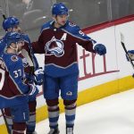 
              Colorado Avalanche right wing Mikko Rantanen, second from right, celebrates his goal against the San Jose Sharks with J.T. Compher, center Nazem Kadri and defenseman Cale Makar, from left, during the third period of an NHL hockey game Thursday, March 31, 2022, in Denver. (AP Photo/David Zalubowski)
            