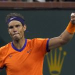 
              Rafael Nadal, of Spain, reacts after defeating Carlos Alcaraz, of Spain, during the men's singles semifinals at the BNP Paribas Open tennis tournament Saturday, March 19, 2022, in Indian Wells, Calif. Nadal won 6-4, 4-6, 6-3. (AP Photo/Mark J. Terrill)
            