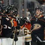 
              Anaheim Ducks center Isac Lundestrom (21) celebrates with teammates after scoring a goal during the first period of an NHL hockey game against the Boston Bruins in Anaheim, Calif., Tuesday, March 1, 2022. (AP Photo/Ashley Landis)
            