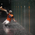 
              Ben Gadsden, of the Rebote Renegades, tries unsuccessfully to return a ball from Tanard Davis, known as "Jeden," of the Cesta Cyclones, in their game of Battle Court Jai Alai at the Magic City Casino fronton, Sunday, March 13, 2022, in Miami. (AP Photo/Rebecca Blackwell)
            