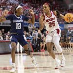 
              North Carolina State's Kayla Jones (25) drives against Longwood's Akila Smith (13) during the second half of a college basketball game in the first round of the NCAA tournament in Raleigh, N.C., Saturday, March 19, 2022. (AP Photo/Ben McKeown)
            