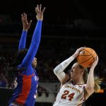 
              Iowa State guard Ashley Joens (24) looks to pass around Texas-Arlington forward Shyia Smith, left, during the second half of a first-round game in the NCAA women's college basketball tournament, Friday, March 18, 2022, in Ames, Iowa. (AP Photo/Charlie Neibergall)
            