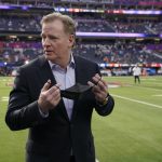 
              NFL Commissioner Roger Goodell walks on the field before the NFL Super Bowl 56 football game between the Los Angeles Rams and the Cincinnati Bengals, Sunday, Feb. 13, 2022, in Inglewood, Calif. (AP Photo/Mark J. Terrill)
            