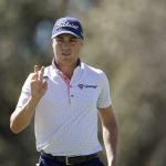 
              Justin Thomas waves after putting on the sixth green in the second round of the Dell Technologies Match Play Championship golf tournament, Thursday, March 24, 2022, in Austin, Texas. (AP Photo/Tony Gutierrez)
            