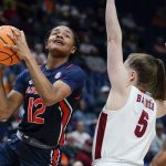 
              Auburn's Mar'shaun Bostic (12) drives against Alabama's Hannah Barber (5) in the first half of an NCAA college basketball game at the women's Southeastern Conference tournament Wednesday, March 2, 2022, in Nashville, Tenn. (AP Photo/Mark Humphrey)
            