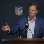 
              NFL Commissioner Roger Goodell answers questions from reporters at a press conference following the close of the NFL owner's meeting, Tuesday, March 29, 2022, at The Breakers resort in Palm Beach, Fla. (AP Photo/Rebecca Blackwell)
            