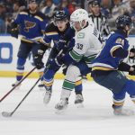 
              Vancouver Canucks center Bo Horvat (53) works the puck during the second period of an NHL hockey game against the St. Louis Blues on Monday, March 28, 2022, in St. Louis. (AP Photo/Michael Thomas)
            
