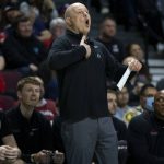 
              Santa Clara head coach Herb Sendek shouts from the sidelines during the first half of an NCAA semifinal college basketball game against St. Mary's at the West Coast Conference tournament Monday, March 7, 2022, in Las Vegas. (AP Photo/Ellen Schmidt)
            