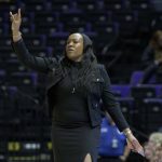 
              Missouri State coach Amaka Agugua-Hamilton signals during the first half of the team's First Four game against Florida State in the NCAA women's college basketball tournament Thursday, March 17, 2022, in Baton Rouge, La. (AP Photo/Matthew Hinton)
            