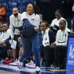 
              Mississippi head coach Yolett McPhee-McCuin reacts to a score against South Carolina in the second half of an NCAA college basketball semifinal round game at the women's Southeastern Conference tournament Saturday, March 5, 2022, in Nashville, Tenn. (AP Photo/Mark Humphrey)
            