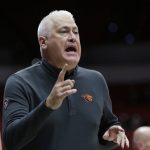 
              Oregon State coach Wayne Tinkle stands near the bench during the second half of the team's NCAA college basketball game Washington State on Thursday, March 3, 2022, in Pullman, Wash. Washington State won 71-67. (AP Photo/Young Kwak)
            