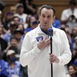 
              Duke coach Mike Krzyzewski speaks to the crowd following the team's 94-81 loss in an NCAA college basketball game against North Carolina in Durham, N.C., Saturday, March 5, 2022. The game was Krzyzewski's final at Cameron Indoor Stadium. (AP Photo/Gerry Broome)
            