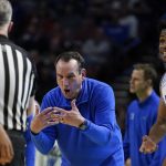 
              Duke head coach Mike Krzyzewski reacts after a foul was called against Duke's Jeremy Roach, right, during the second half of a college basketball game in the first round of the NCAA tournament against Cal State Fullerton, Friday, March 18, 2022, in Greenville, S.C. (AP Photo/Brynn Anderson)
            