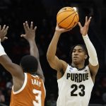 
              Purdue's Jaden Ivey shoots during the second half of a second-round NCAA college basketball tournament game against Texas Sunday, March 20, 2022, in Milwaukee. Purdue won 81-71. (AP Photo/Jeffrey Phelps)
            