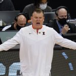 
              Illinois head coach Brad Underwood disagrees with a technical foul being called on a dunk by RJ Melendez during the second half of a college basketball game against Houston in the second round of the NCAA tournament in Pittsburgh, Sunday, March 20, 2022. Houston won 68-53. (AP Photo/Gene J. Puskar)
            