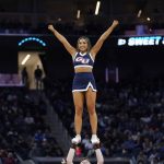 
              Gonzaga cheerleaders perform during the first half of a college basketball game between Gonzaga and Arkansas in the Sweet 16 round of the NCAA tournament in San Francisco, Thursday, March 24, 2022. (AP Photo/Marcio Jose Sanchez)
            