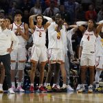 
              Southern California reacts during their loss against Miami during the second half of a college basketball game in the first round of the NCAA tournament on Friday, March 18, 2022, in Greenville, S.C. (AP Photo/Chris Carlson)
            
