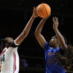 
              Dayton center Tenin Magassa, left, blocks a shot by DePaul forward Aneesah Morrow (24) during the first half of a First Four game in the NCAA women's college basketball tournament, Wednesday, March 16, 2022, in Ames, Iowa. (AP Photo/Charlie Neibergall)
            