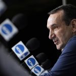 
              Duke coach Mike Krzyzewski answers a question during a news conference at the men's Final Four NCAA college basketball tournament Thursday, March 31, 2022, in New Orleans. North Carolina will play Duke Saturday. (AP Photo/David J. Phillip)
            