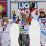 
              From left, second placed United States' Mikaela Shiffrin, winner Norway's Ragnhild Mowinckel and third placed Switzerland's Michelle Gisin celebrate in the finish line of an alpine ski, women's World Cup Finals super-G, in Courchevel, France, Thursday, March 17, 2022. (AP Photo/Alessandro Trovati)
            