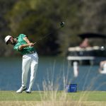 
              Abraham Ancer tees off on the 14th hole during the quarterfinal round of the Dell Technologies Match Play Championship golf tournament, Saturday, March 26, 2022, in Austin, Texas. (AP Photo/Tony Gutierrez)
            