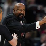 
              Indiana head coach Mike Woodson yells to an official in the second half of an NCAA college basketball game against Illinois at the Big Ten Conference tournament in Indianapolis, Friday, March 11, 2022. Indiana defeated Illinois 65-63.(AP Photo/Michael Conroy)
            
