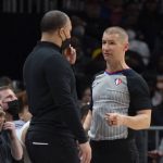 
              Los Angeles Clippers head coach Tyronne Lue, left, speaks with referee Tyler Ford (39) during the first half of an NBA basketball game against the Atlanta Hawks, Friday, March 11, 2022, in Atlanta. (AP Photo/Hakim Wright Sr.)
            