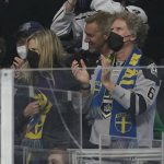 
              Comedian Will Ferrell, right, applauds after the Los Angeles Kings scored during the second period of an NHL hockey game against the San Jose Sharks Thursday, March 10, 2022, in Los Angeles. (AP Photo/Ashley Landis)
            