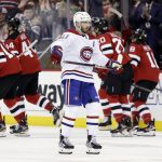 
              Montreal Canadiens left wing Paul Byron (41) skates off the ice as the New Jersey Devils celebrate their shootout win in an NHL hockey game Sunday, March 27, 2022, in Newark, N.J. (AP Photo/Adam Hunger)
            